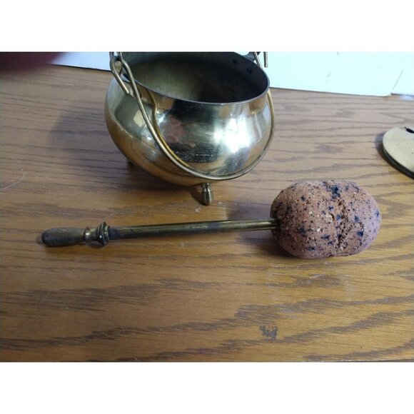Brass Smudge Pot & Wand, Vintage Fire Starter Covered Cauldron with Pumice Stone - Picture 9 of 11